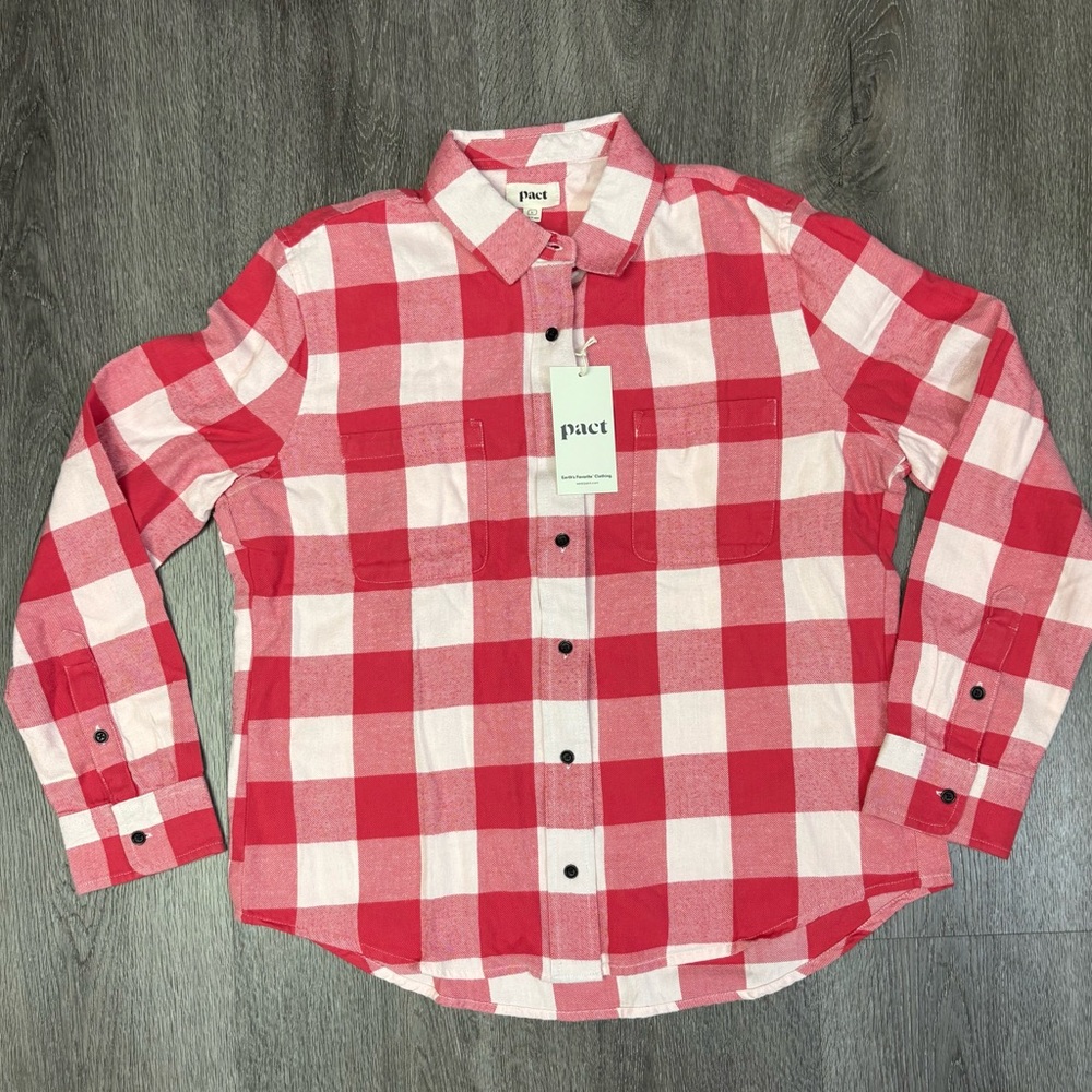 NWT PACT Holiday Red Gingham Mila Flannel Large Button Up 100% Organic Cotton